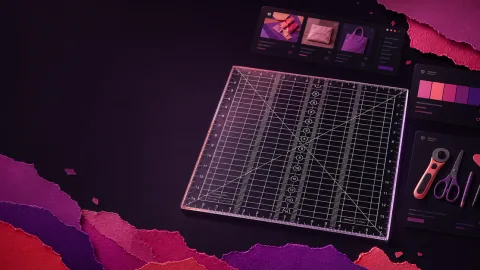 Règle de traçage Créarègle lumineuse, entourée de panneaux de boutique — galerie, palette et outils — sur des papiers violets déchirés.