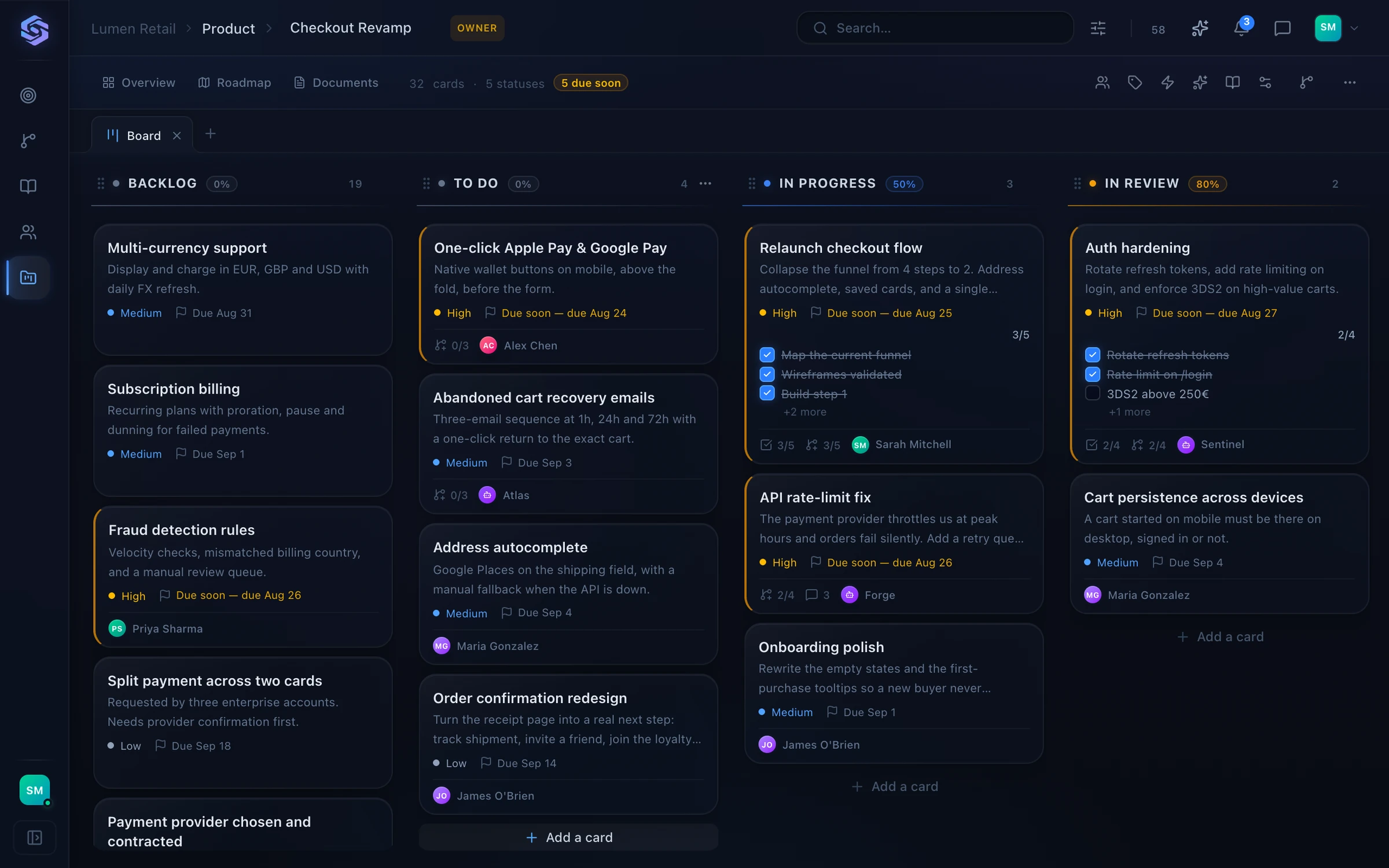 Stellary interface: Kanban board for a checkout rebuild, with backlog, to-do, in progress and in review columns.