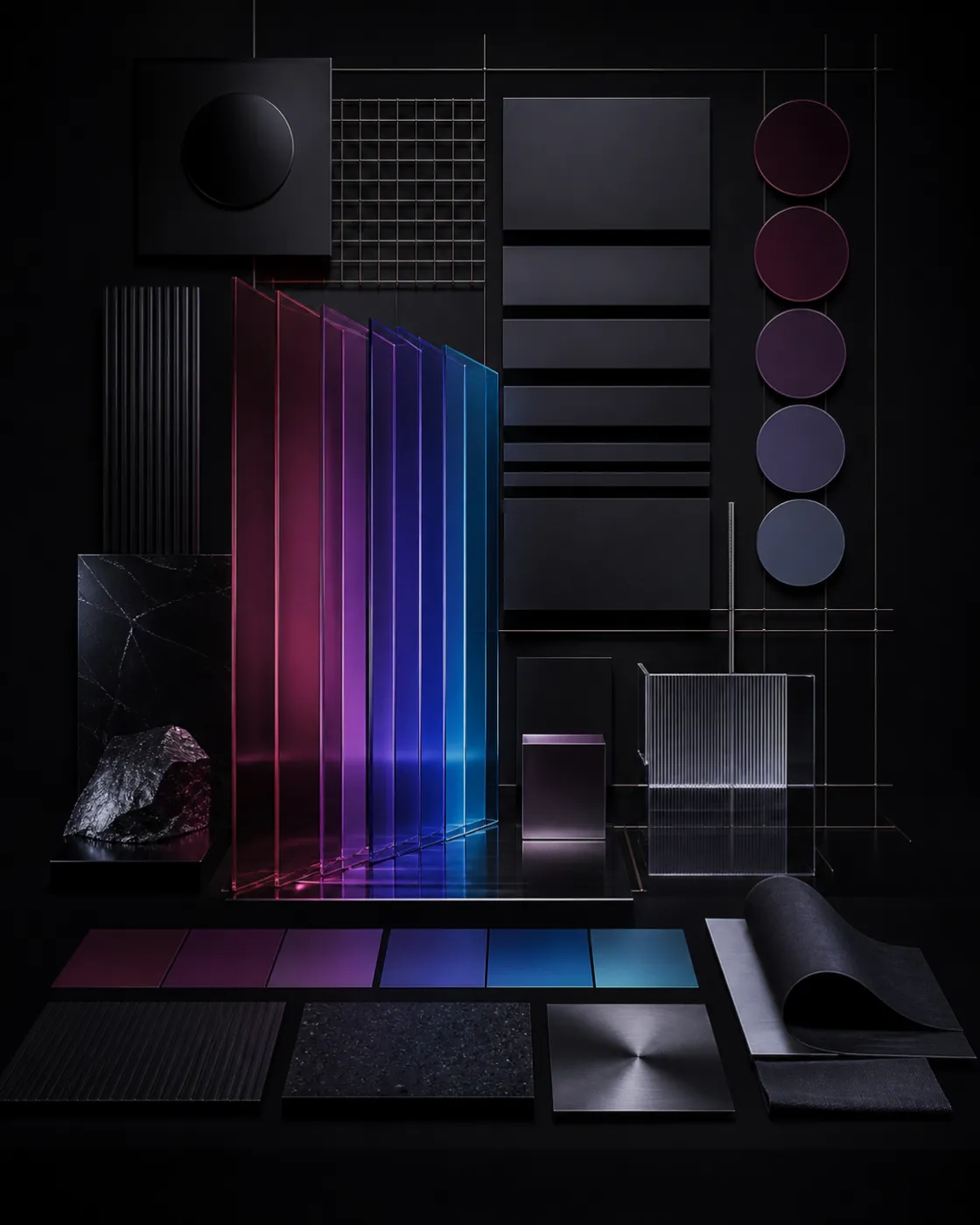 Système visuel matérialisé par des grilles, échantillons, volumes et plaques de verre du magenta au cyan.