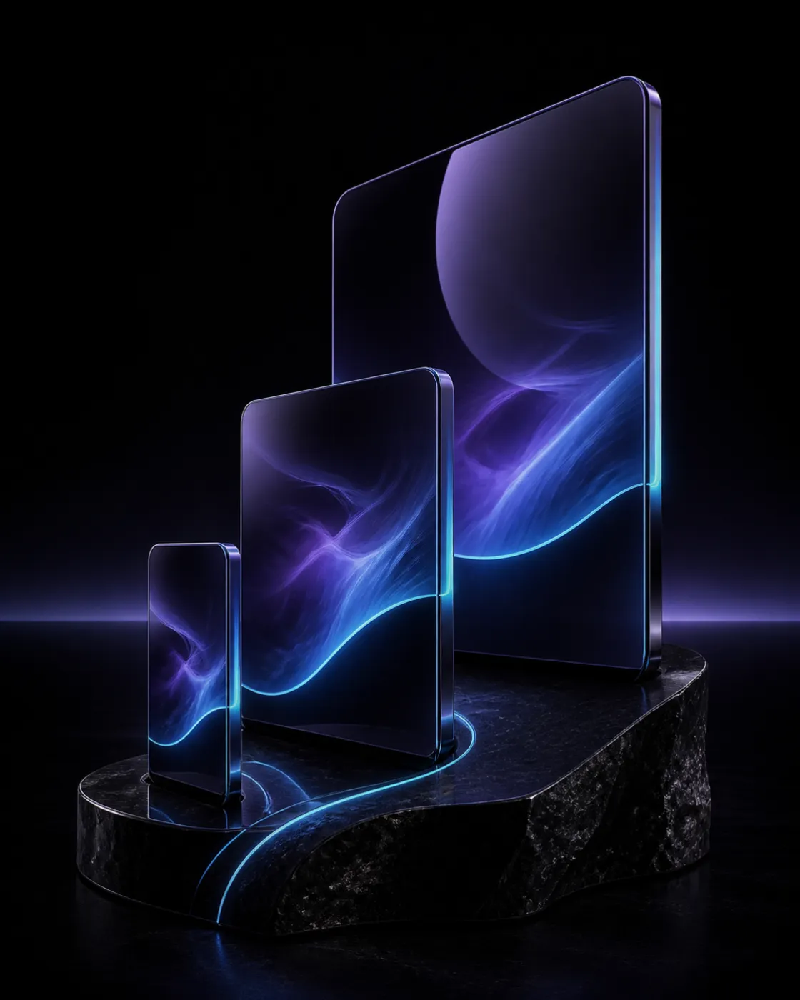 Trois surfaces numériques de tailles différentes reliées par un même ruban de lumière cyan.