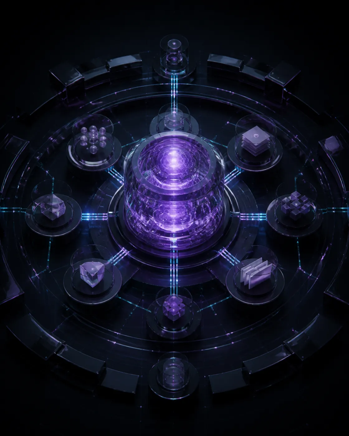 Noyau de données violet organisé en cercles, relié à des modules de documents, projets et relations.