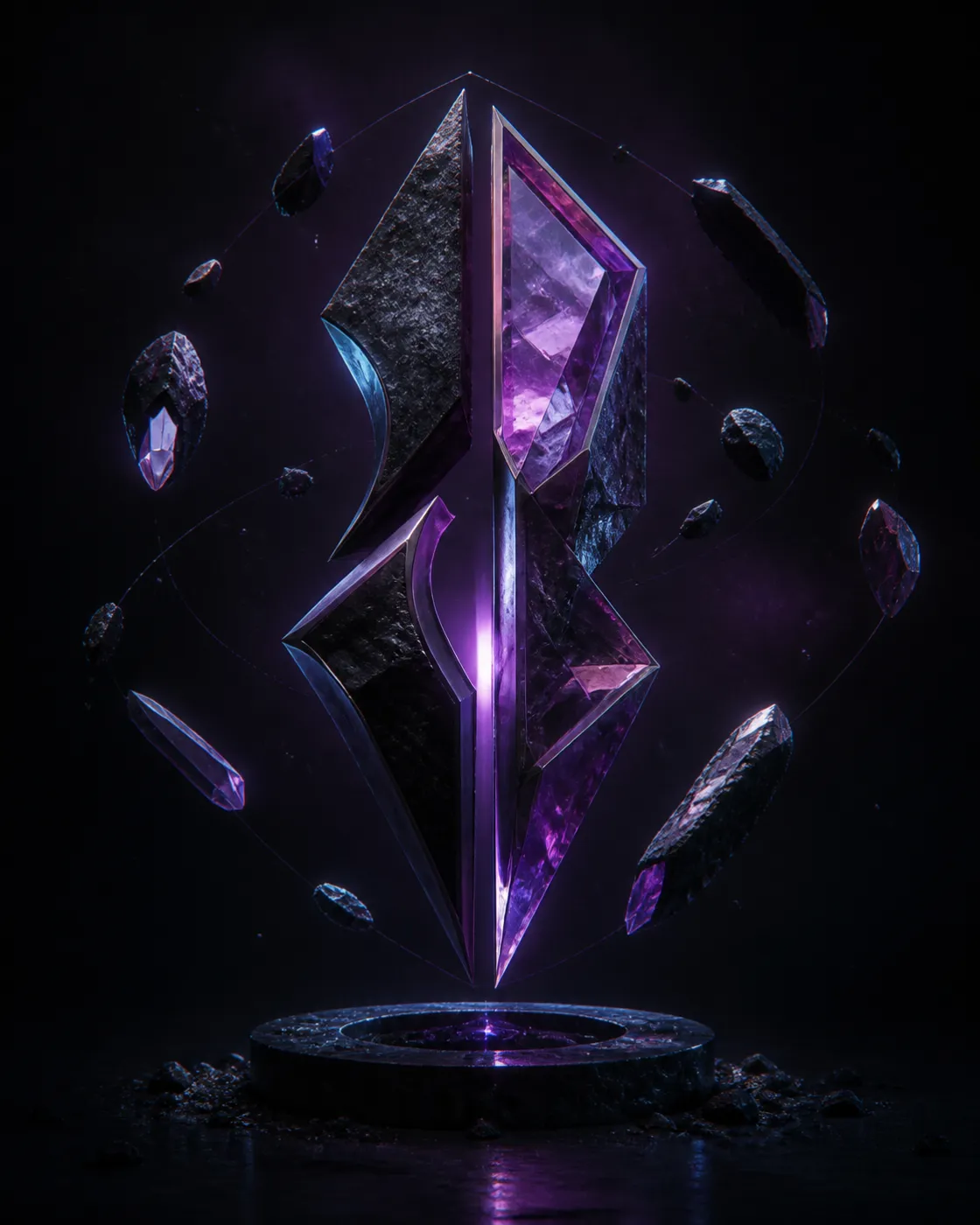 Fragments d’obsidienne et de cristal violet en suspension autour d’un symbole sculptural original.
