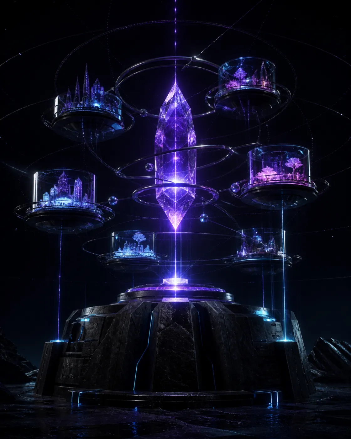 Socle massif en pierre noire portant un noyau de cristal violet et plusieurs univers autonomes en orbite.