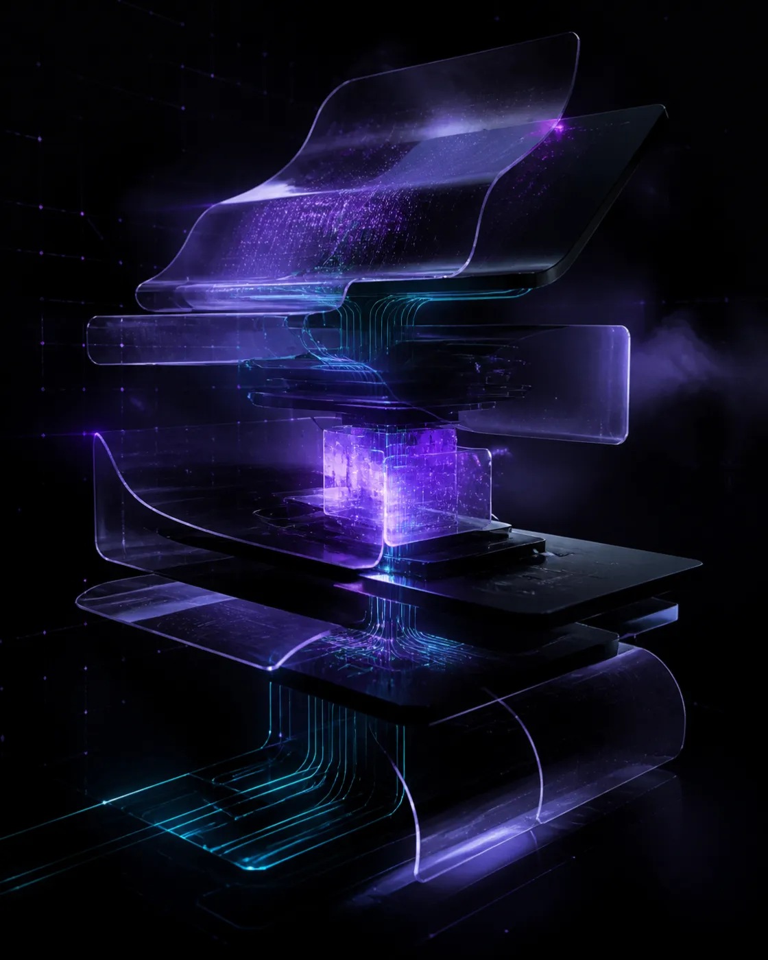 Plans d’interface en verre sombre qui s’articulent autour d’un état lumineux violet et de connexions cyan.