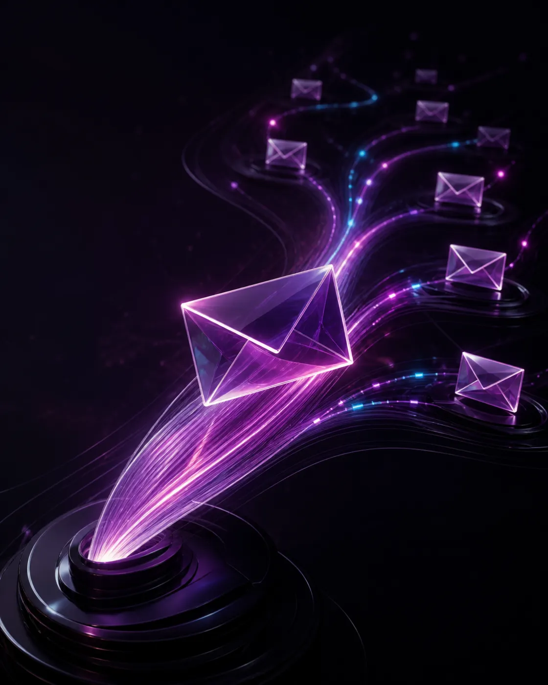Enveloppes de verre violet transportées par un flux de lumière vers plusieurs points de réception.