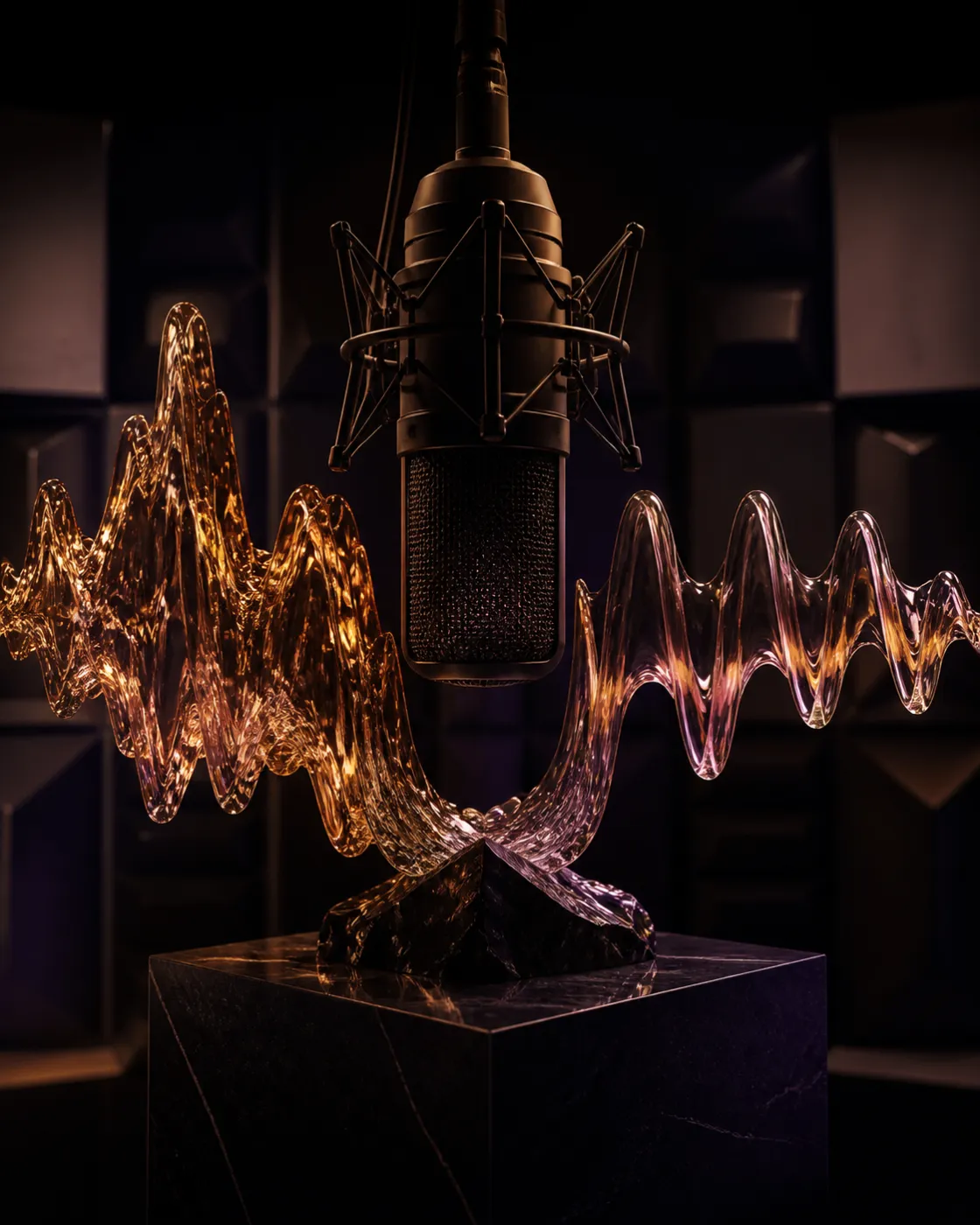 Microphone de studio entouré d’une onde sculptée en verre ambré et rose.