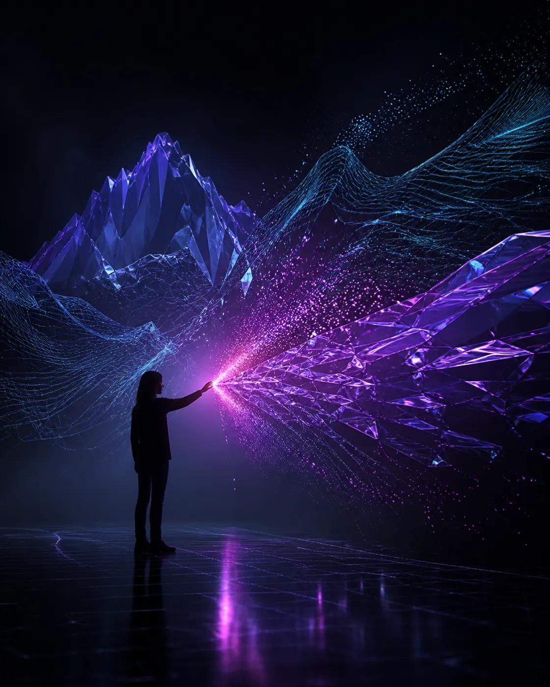 Silhouette touchant un paysage de cristal interactif qui se déploie en particules violettes et reliefs cyan.