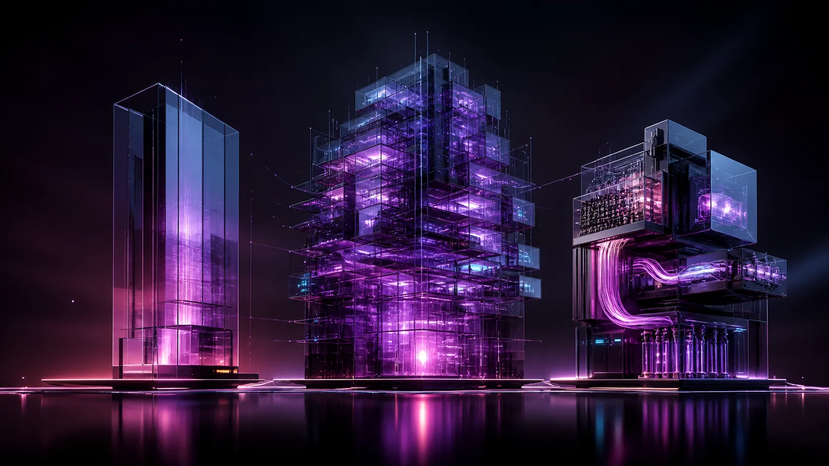 Three glass digital architectures in a row: a narrow sharp tower, a massive stepped volume, and a machine wired to its circuits.