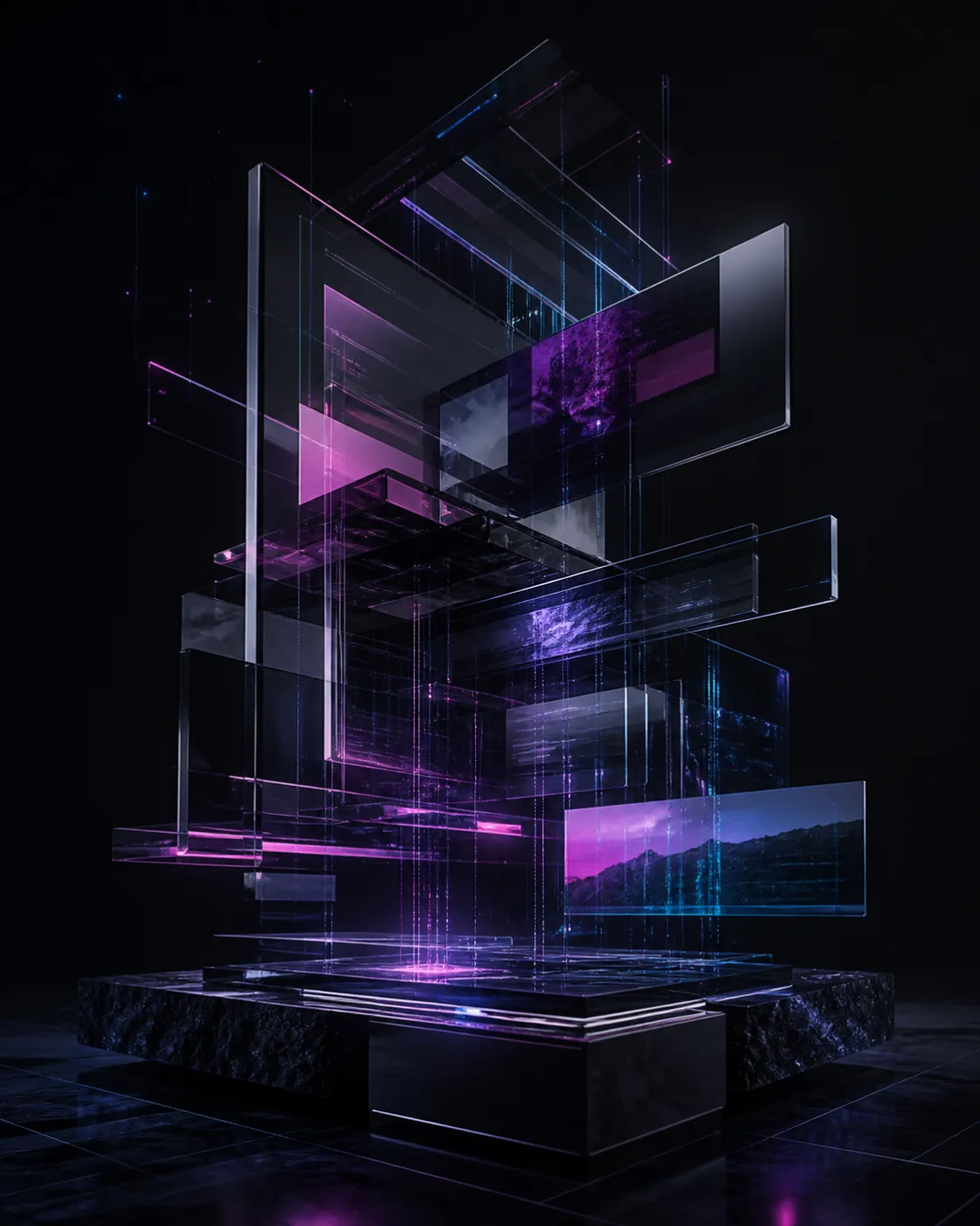 Architecture numérique en verre noir et violet, composée de plans d’interface superposés et reliés par des lignes lumineuses.