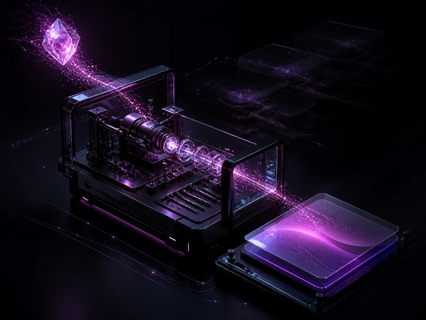 Futuristic precision workshop turning luminous matter directly into a digital object