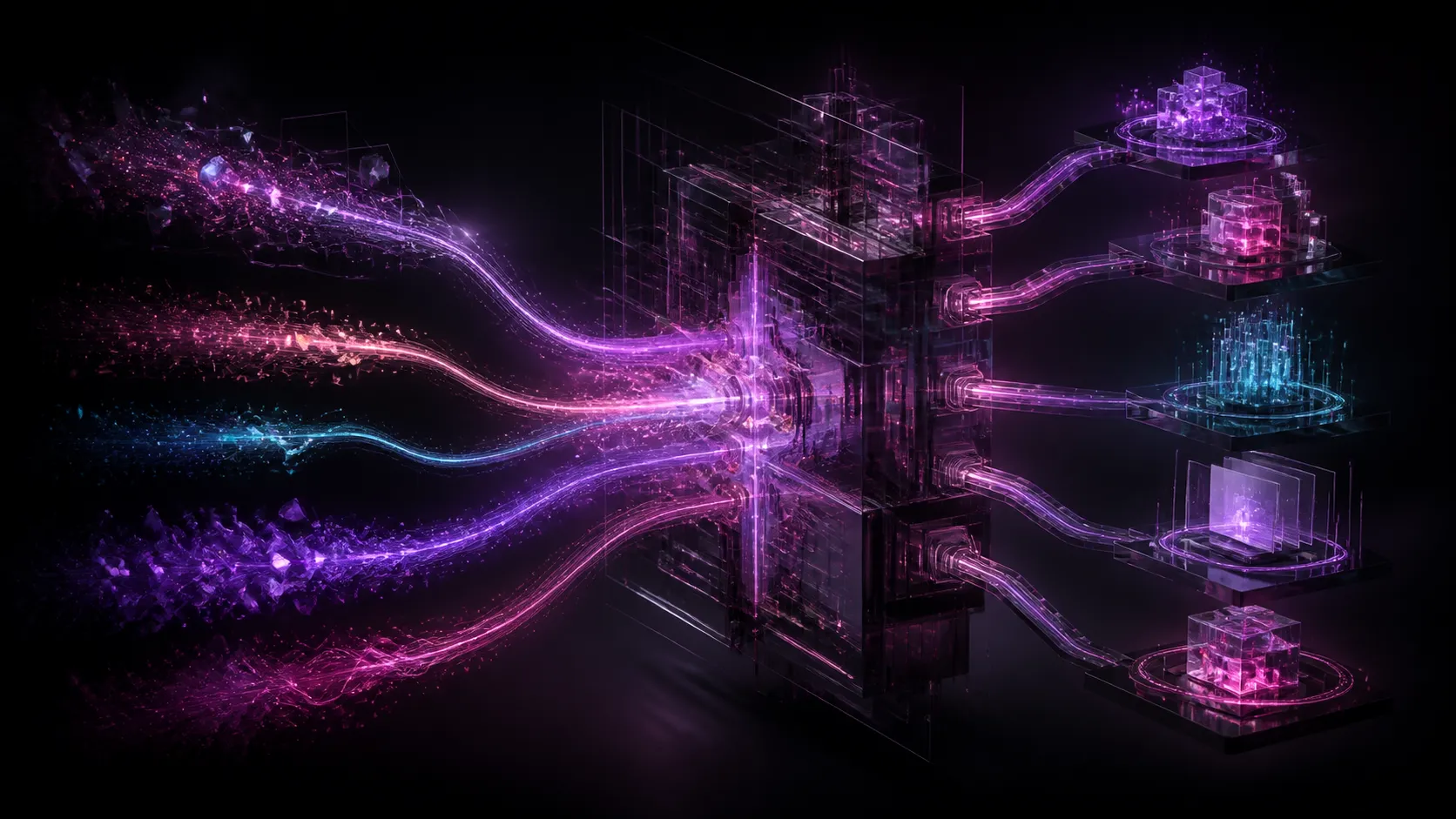 Glass digital architecture turning several light streams into distinct results