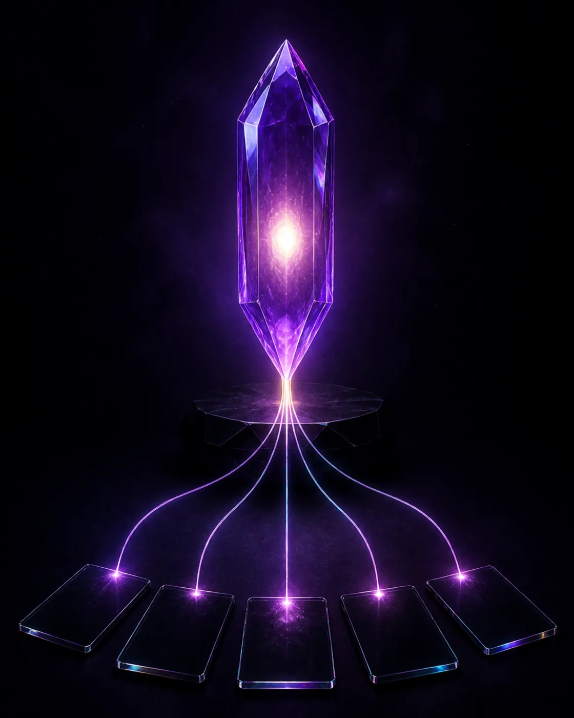 Cristal de verre violet en lévitation au-dessus d’un socle d’obsidienne, dont la lumière descend en filaments vers cinq plaques de verre sombre.